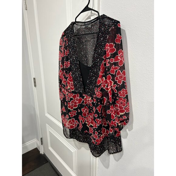 Style & Co. Floral Sheer V-Neck 3/4 Sleeve Blouse Black Red Sz 18 Camisole Boho - Picture 3 of 11